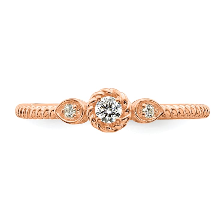 14K Rose Gold Roped Band Petite Round Diamond Ring 0.10ctw