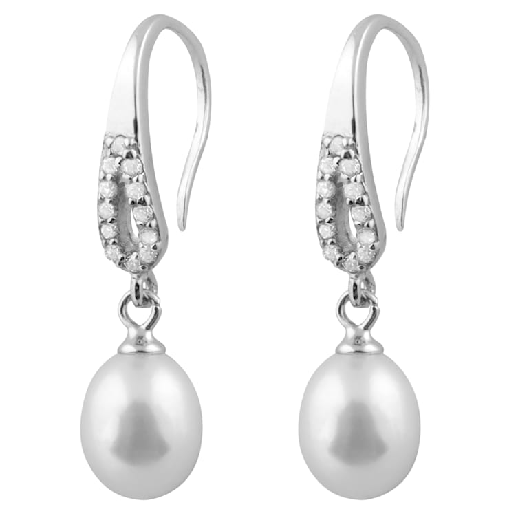 7-8mm White Cultured Freshwater Pearl and Cubic Zirconia Rhodium Over
Sterling Silver Earrings