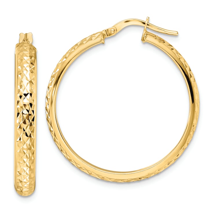 14k Yellow Gold 1 1/8" Polished Diamond-Cut Hoop Earrings