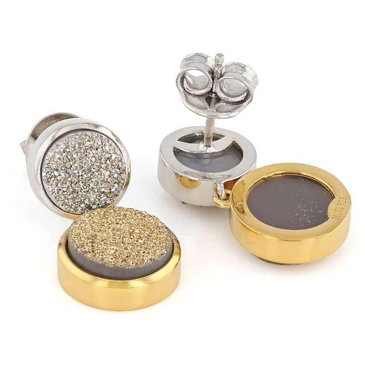 Golden And Silver Drusy Quartz Dangle Earrings In 18K Two-Tone Gold Over
Sterling Silver 10.20ctw