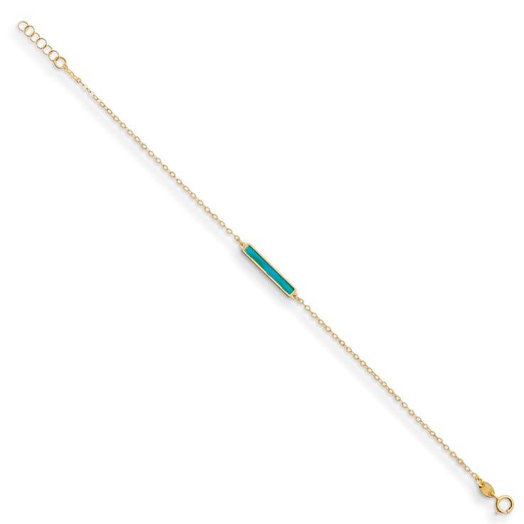 14K Yellow Gold White Mother of Pearl and Teal Color Bar 7-inch Bracelet