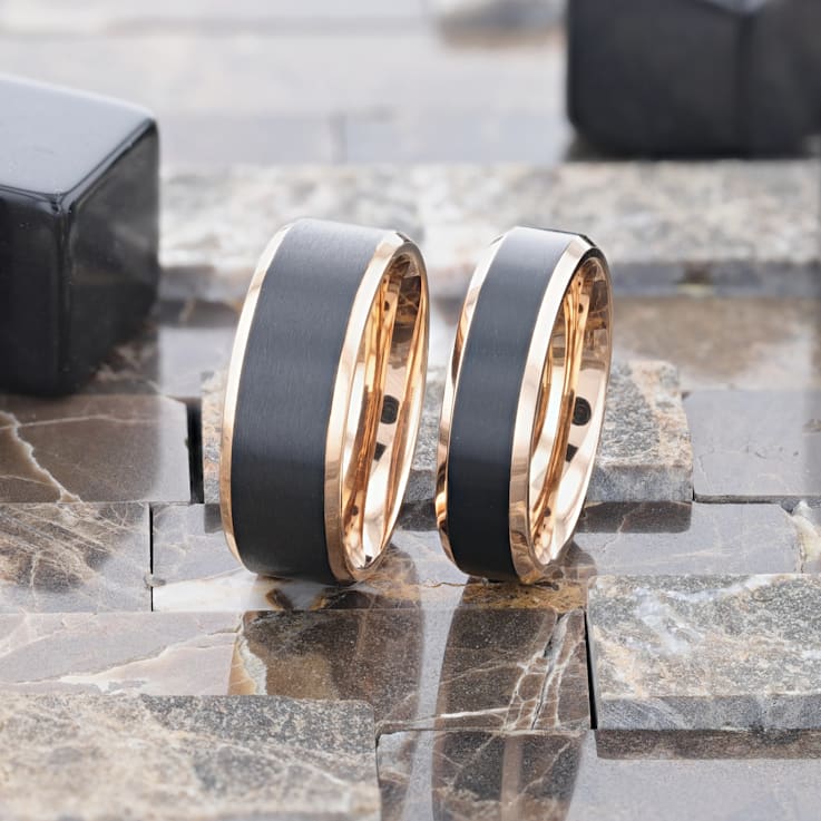 STEPHEN Rose Gold Plated Black Titanium Flat Brushed Wedding Ring With
Beveled Polished Edges 8mm