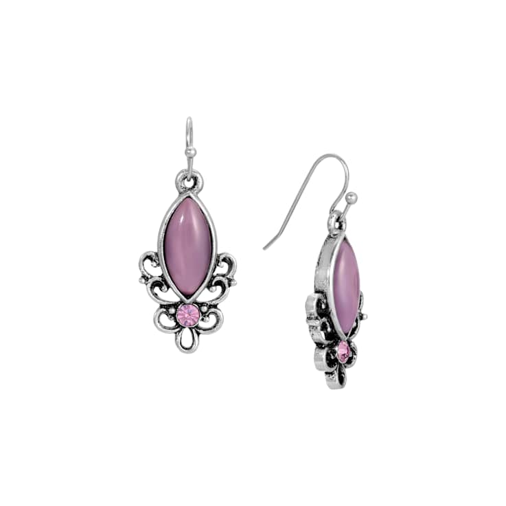 Silver Tone Purple Oval Wire Earrings