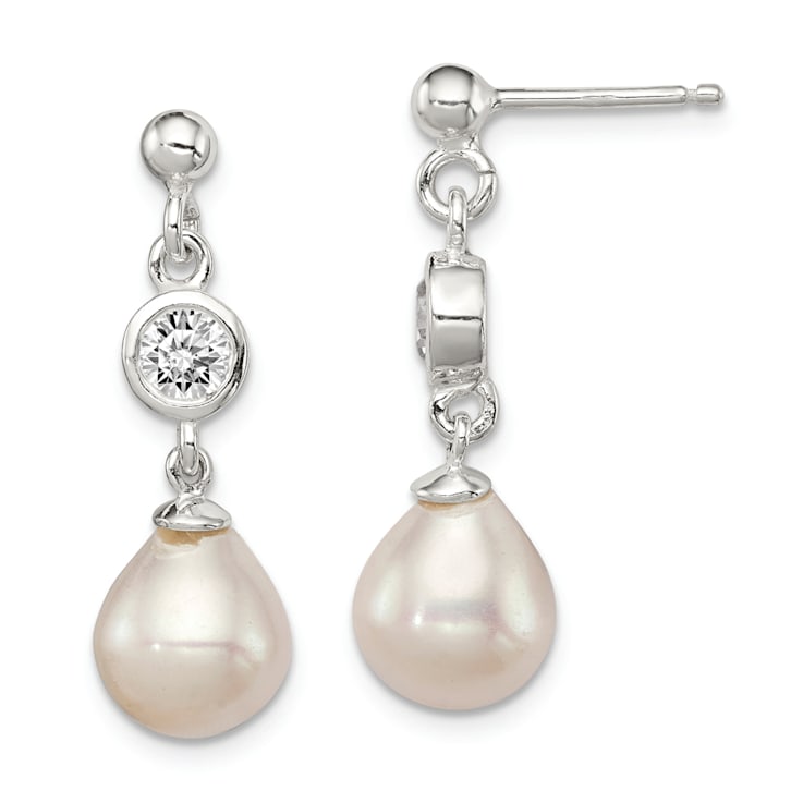 Sterling Silver Polished Freshwater Cultured Pearl and CZ Post Dangle Earrings