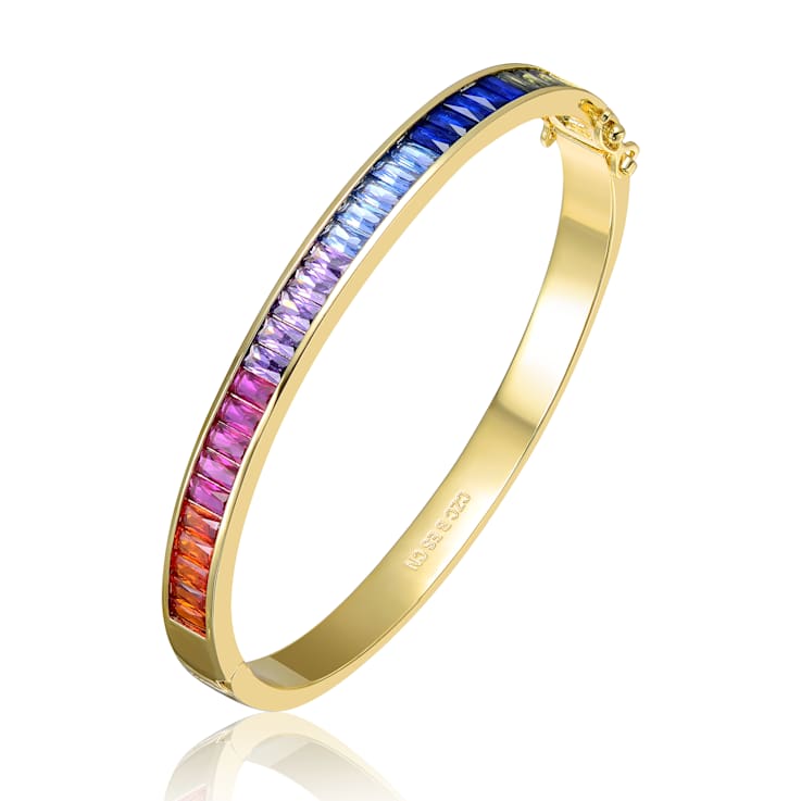 Multi-Color CZ Rectangle Bangle Bracelet In 14K Gold Over Brass