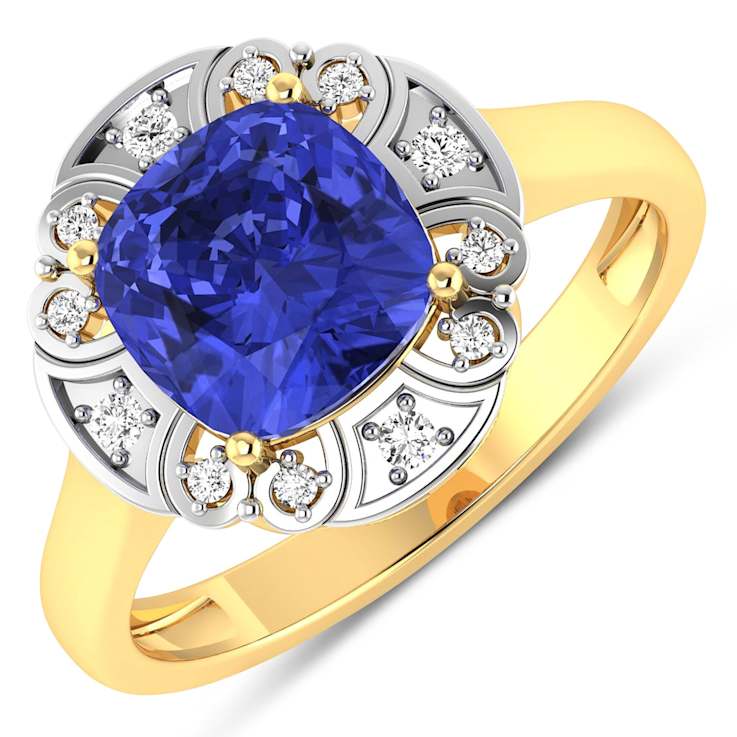 Violet Tanzanite and White Diamond 14K Yellow Gold Halo Ring 2.08 ctw