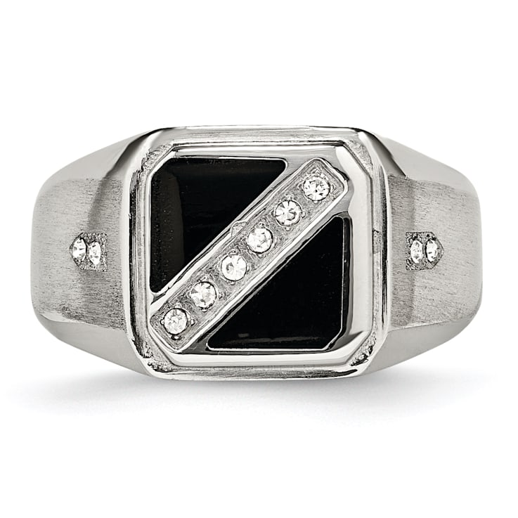 White Cubic Zirconia And Black Enamel Stainless Steel Men's Ring