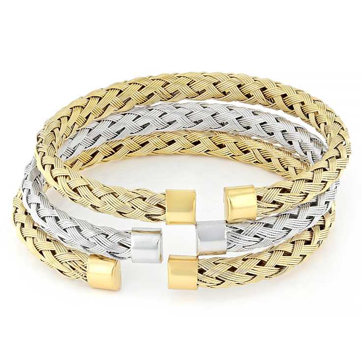 Two-Tone Woven Cuff Bracelet Set Of 3 6.7mm