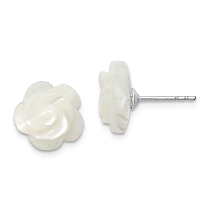 Rhodium Over Sterling Silver 10mm White Mother of Pearl Flower Earrings