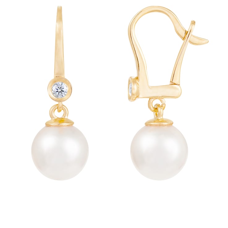 7-8mm Akoya Pearl with Diamond Accent 14K Yellow Gold Leverback
Earrings, 0.10ctw