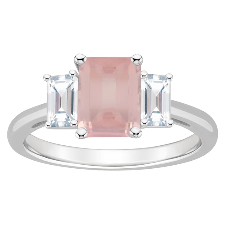 8x6mm Emerald Cut Rose Quartz And White Topaz Rhodium Over Sterling
Silver 3-Stone Ring