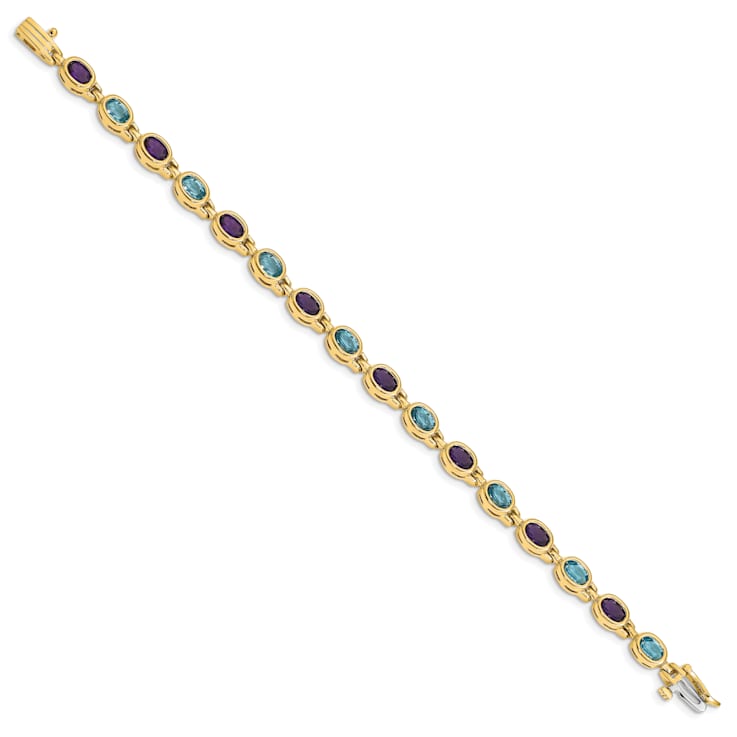 14k Yellow Gold and 14k White Gold Oval Gemstone Amethyst and Blue Topaz Bracelet