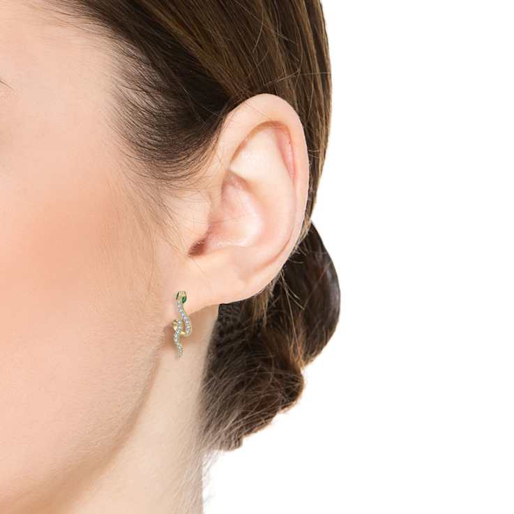 Emerald Color CZ Snake Drop Earrings In 14K Gold Over Brass
