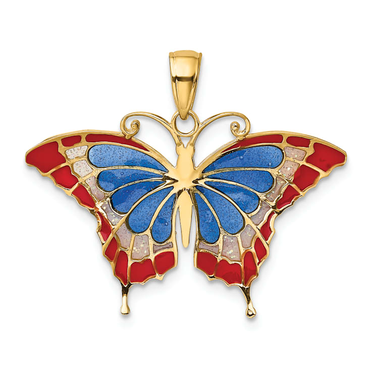 14k Yellow Gold Multi-Color Enameled Butterfly Pendant