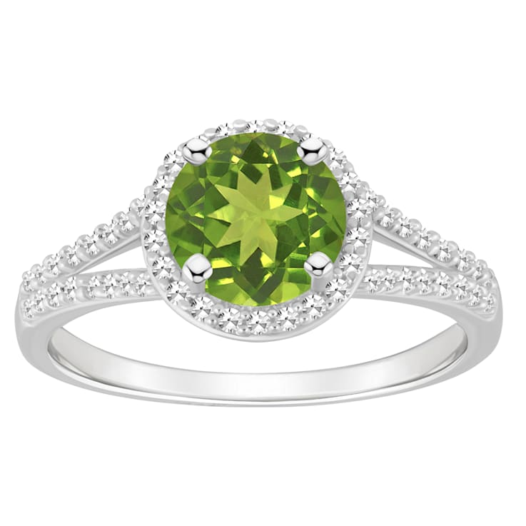 7mm Round Peridot 1/4 ctw Diamond Rhodium Over Sterling Silver Halo Ring