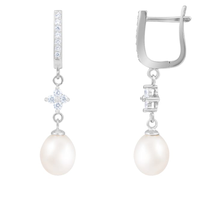 7-8mm White Cultured Freshwater Pearl and Cubic Zirconia Rhodium Over
Sterling Silver Earrings