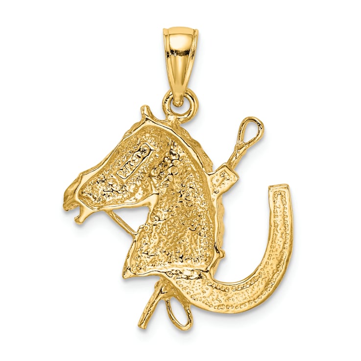 14k Yellow Gold Textured Horse Head with Shoe and Crop Pendant