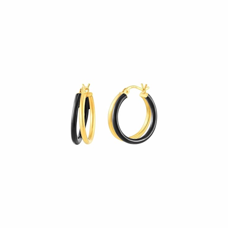 14K Yellow Gold Over Sterling Silver Double Hoop Enamel Earrings in Black