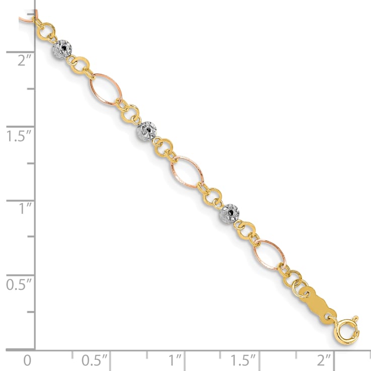 14K Yellow, White and Rose Gold Polished Diamond-cut Ovals and Donut
Beads Bracelet