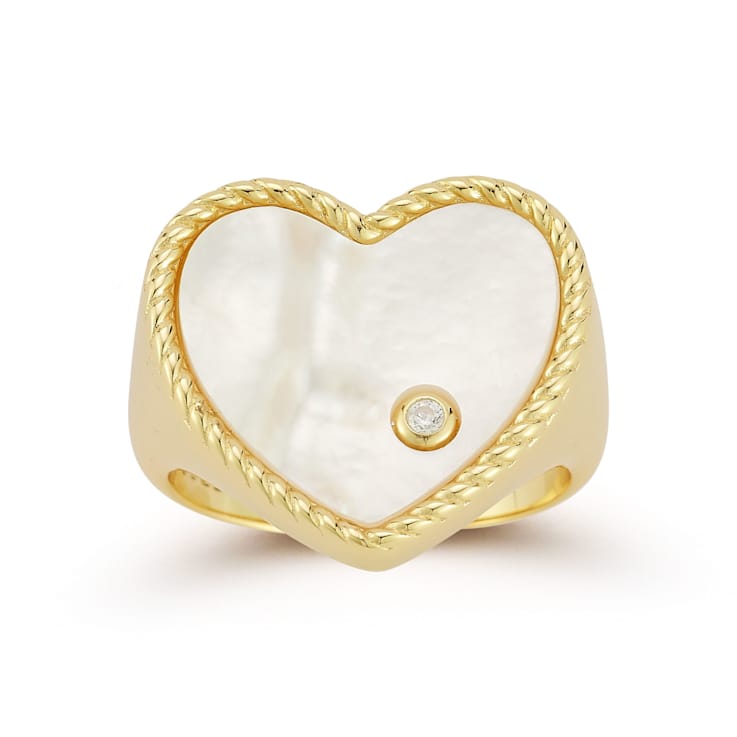 Mother-Of-Pearl Heart Signet Ring In 14K Gold Over Sterling Silver