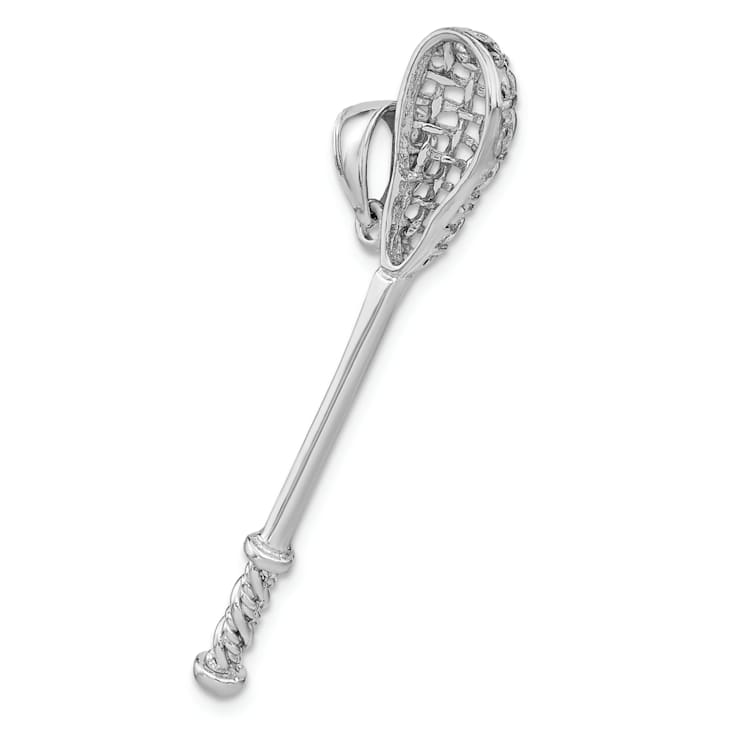 Rhodium Over 14k White Gold 3D Polished and Textured Lacrosse Stick Pendant