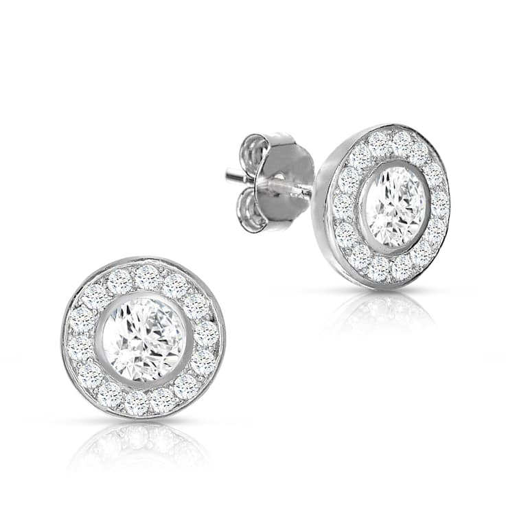 CZ Halo Stud Earrings In Sterling Silver