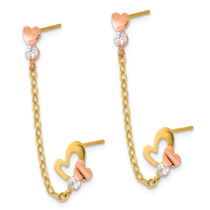 14k Two-tone Cubic Zirconia Double Post with Chain Heart Earrings