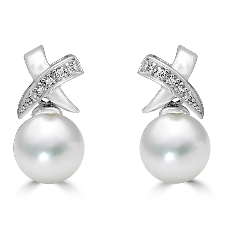 14KW 8.5-9mm  Cultured Pearl Drop Diamond Earrings