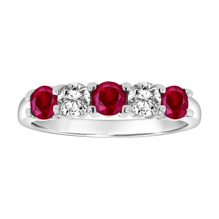 14K White Gold 5-Stone Ruby and Diamond Band Ring, 1.26ctw