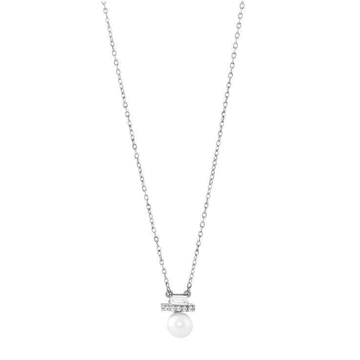 7-7.5mm Button White Freshwater Pearl and White Sapphire Sterling Silver Necklace