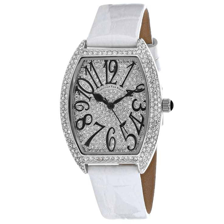 Christian Van Sant Women's Elegant White Dial, White Leather Strap Watch