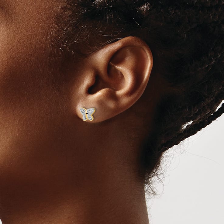 14k Yellow Gold and Rhodium Over 14k Yellow Gold Diamond Butterfly Stud Earrings