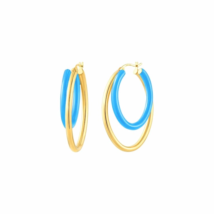 14K Gold Over Sterling Silver Double Oval Enamel Hoops in Turquoise Color