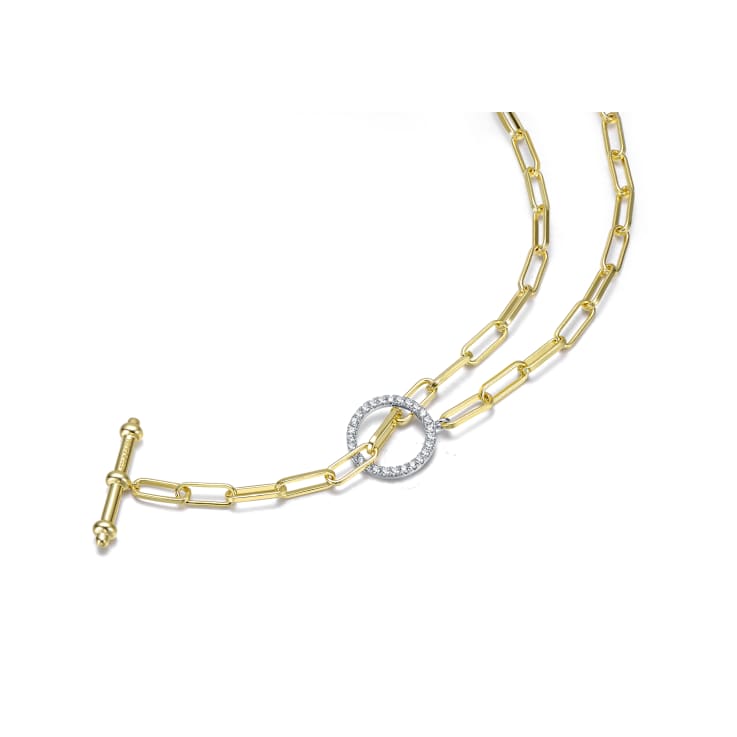 Pave CZ Paperclip Link Chain Necklace In 14K Gold Over Brass 16 Inch