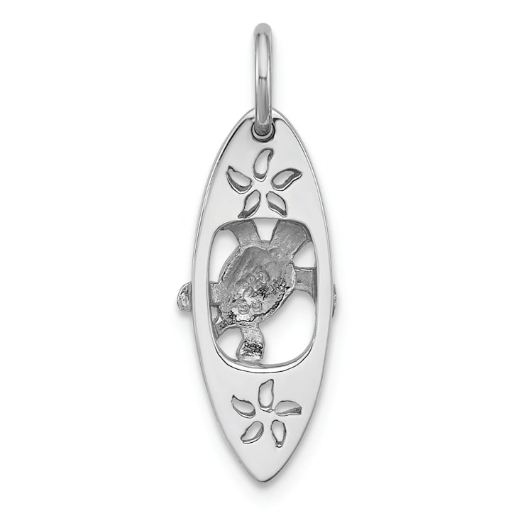 Rhodium Over Sterling Silver Polished Paua Shell Turtle Surfboard Pendant