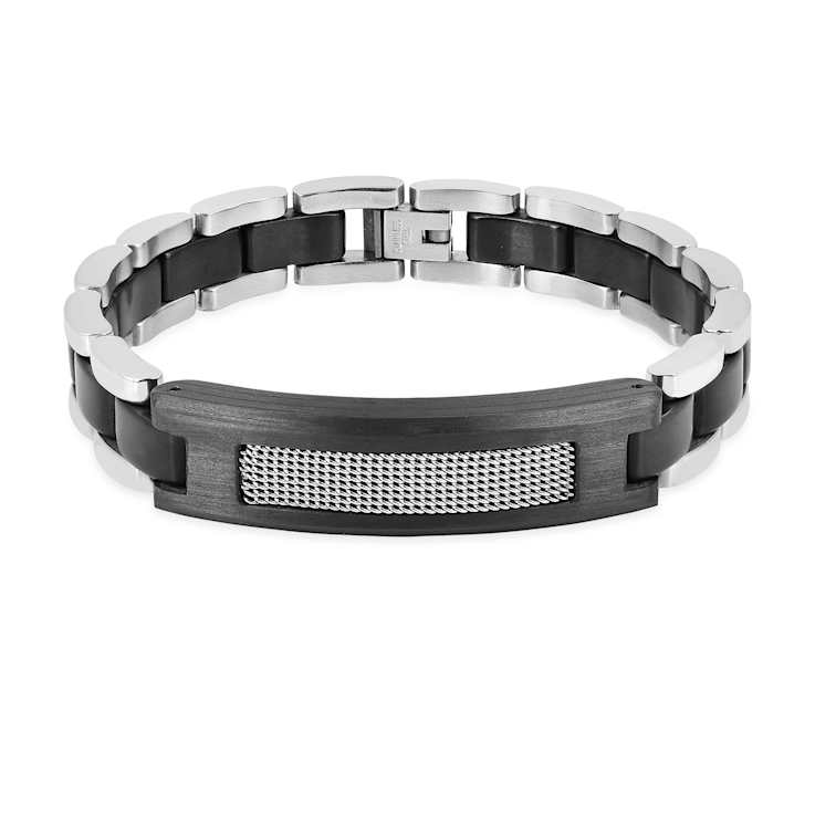 Mens Stainless Steel, Black Leather and Carbon Fiber Link Bracelet