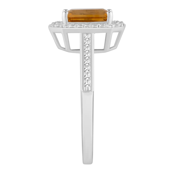 8x6mm Emerald Cut Citrine 1/5 ctw Diamond Rhodium Over Sterling Silver
Halo Ring