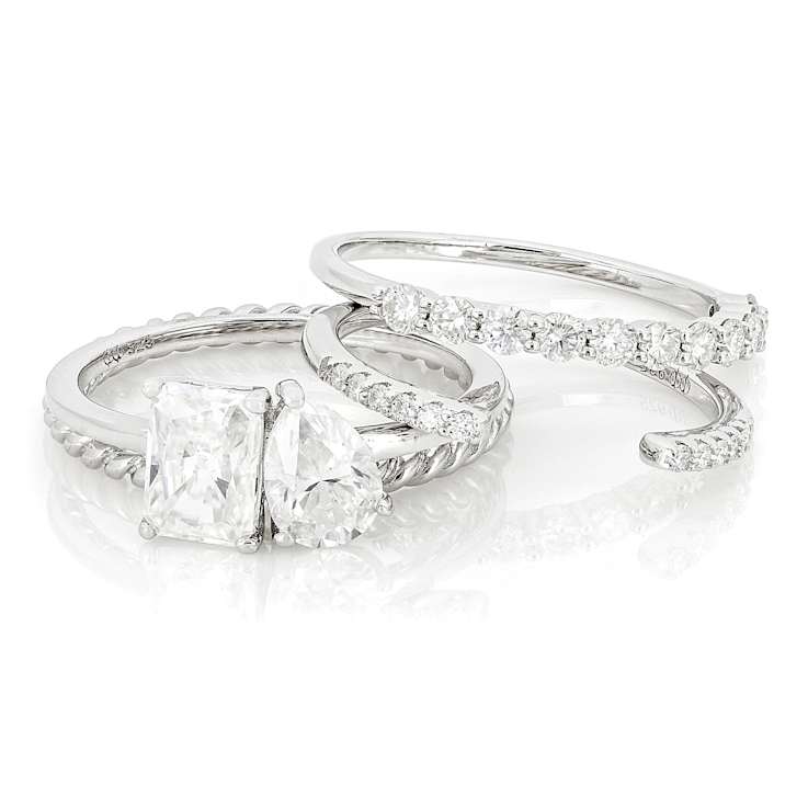 Moissanite Multi-Cut Ring Set of 3 in Platinum-Enhanced Sterling Silver