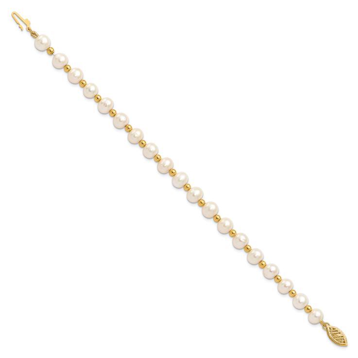10k Yellow Gold 6-7mm White Near Round Freshwater Cultured Pearl Bead Bracelet