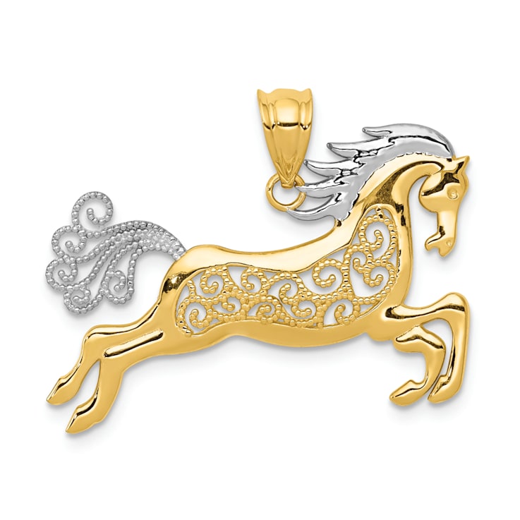 14K Yellow Gold with White Rhodium Filigree Horse Pendant