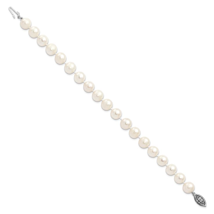 Rhodium Over Sterling Silver 8-9mm White Freshwater Cultured Pearl Bracelet