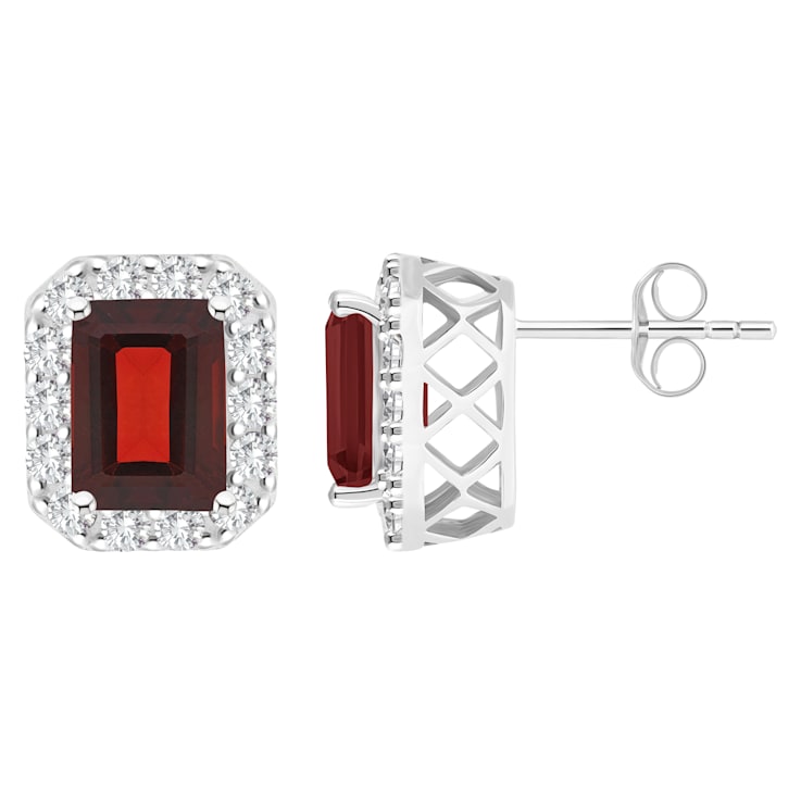 8x6mm Emerald Cut Garnet And White Topaz Accent Rhodium Over Sterling
Silver Halo Stud Earrings