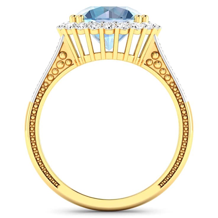 Round Blue Aquamarine and Diamond 14K Yellow Gold Halo Ring 3.29 ctw