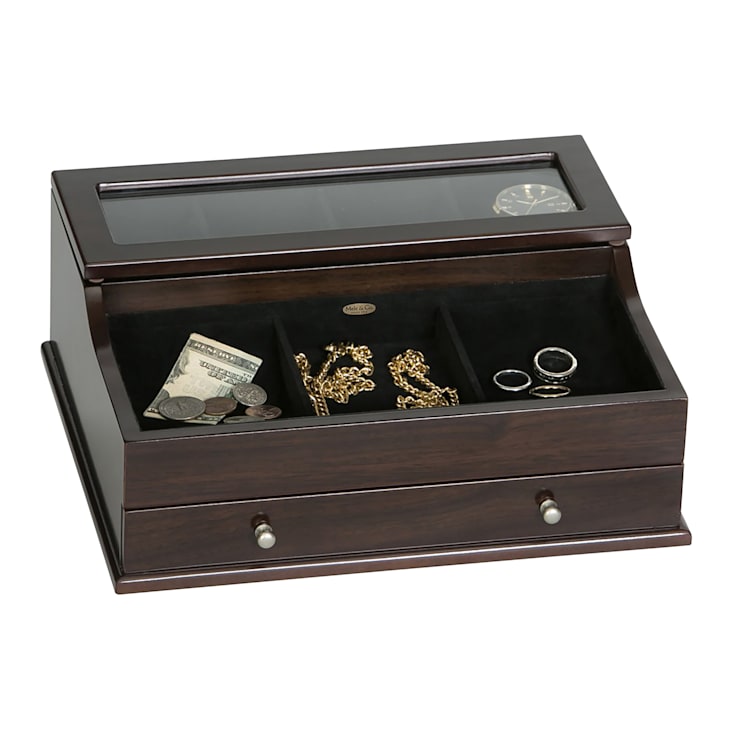 Mele and Co Hampden Men's Glass Top Wooden Dresser Top Valet