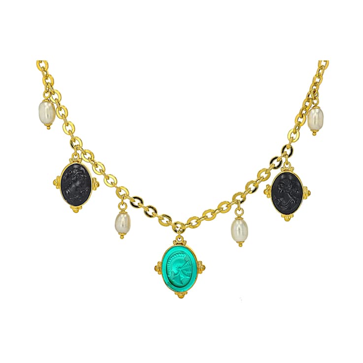 Venetian Glass Cameo And Pearl Charm Necklace In 18K Gold Over Sterling Silver