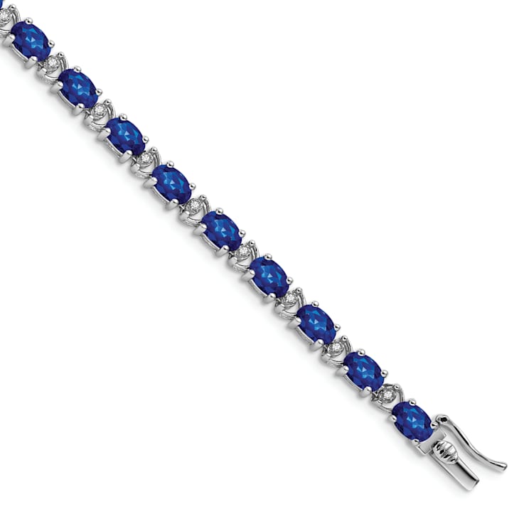 Rhodium Over 14k White Gold Oval Lab Created Sapphire and Diamond Bracelet