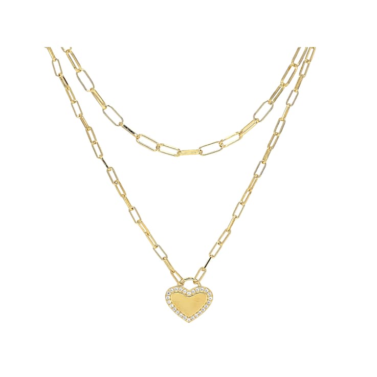 Heart Paperclip Pendant With CZ Necklace In 18k Gold Over Sterling Silver