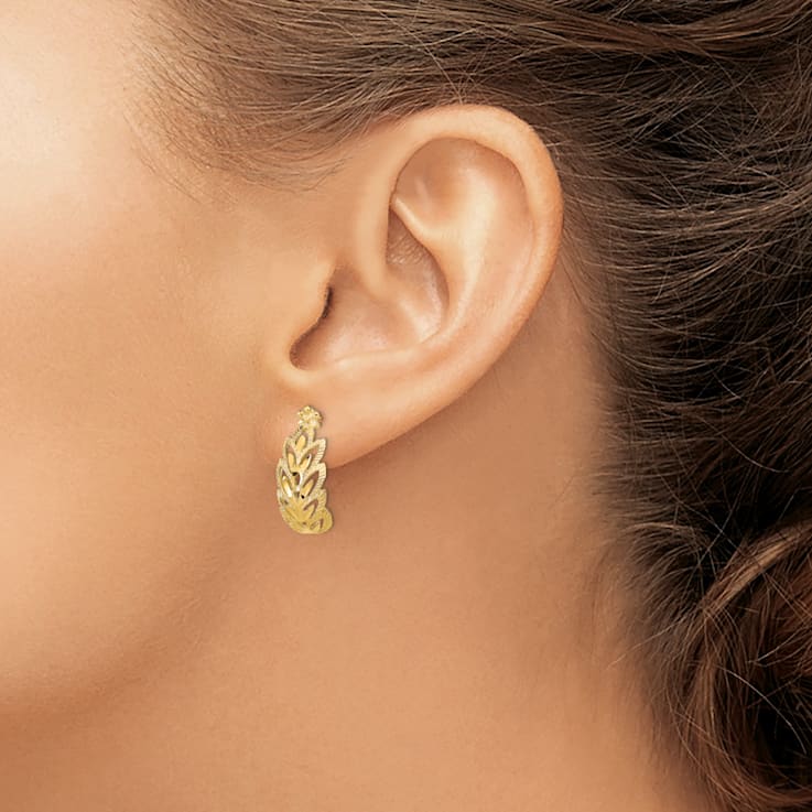 14K Yellow Gold Textured and Diamond-Cut Leaf Pattern Dangle Earrings
