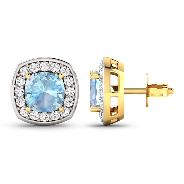 1.50ctw 14K Yellow Gold Cushion Aquamarine and White Diamond Halo Earrings