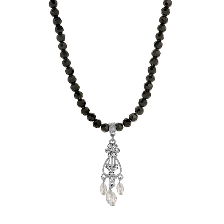 Black Bead Crystal Chandelier Drop Necklace 16" Adj.